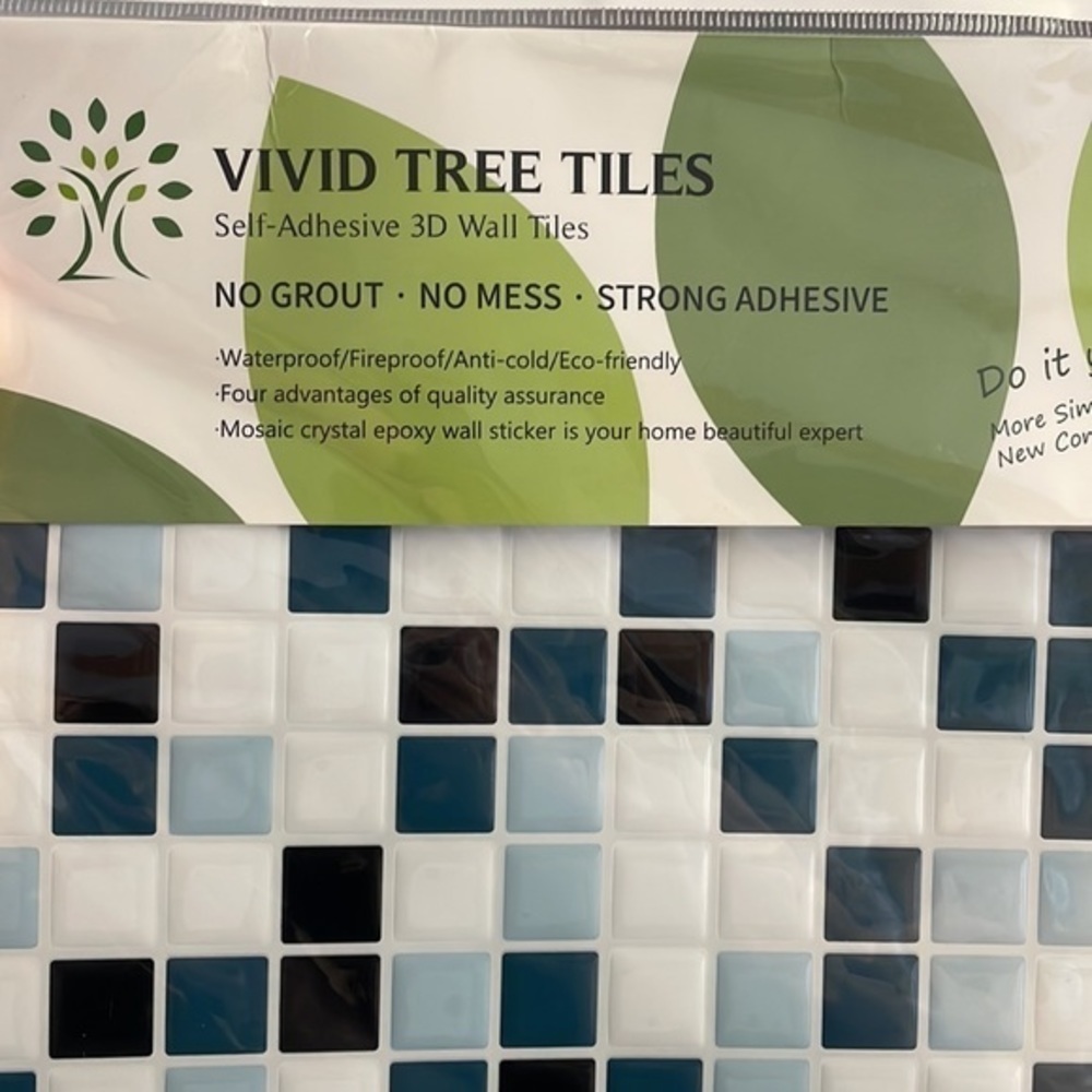 SELF-ADHESIVE 3D wall tiles. New in package.  10x10. 6 tiles. White, blue, black